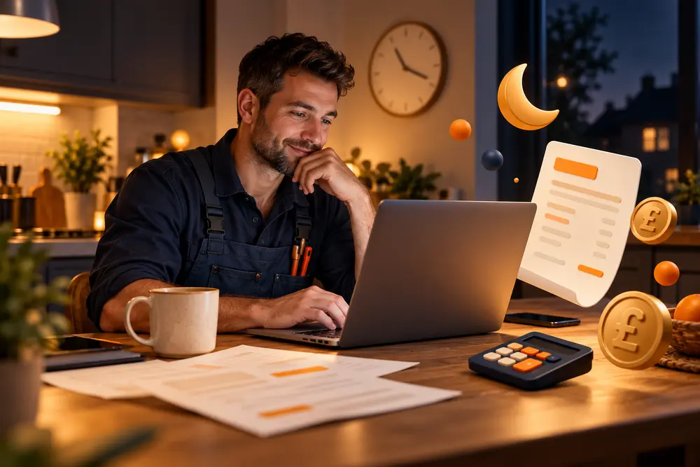 Tradesperson completing business admin at home in the evening