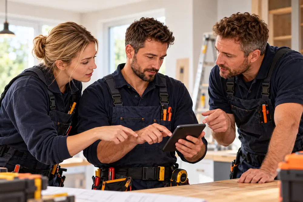Three tradespeople replanning their working day together