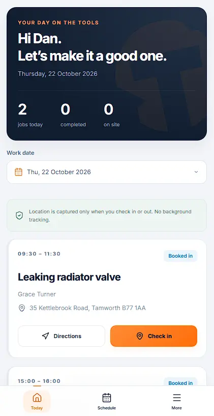 Actual TradeMyWay Van App showing today’s jobs and employee check in